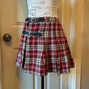 Vtg 90s Y2K Grunge Funhouse Red Tartan Plaid Pleated Mini Skirt w/Side Buckles